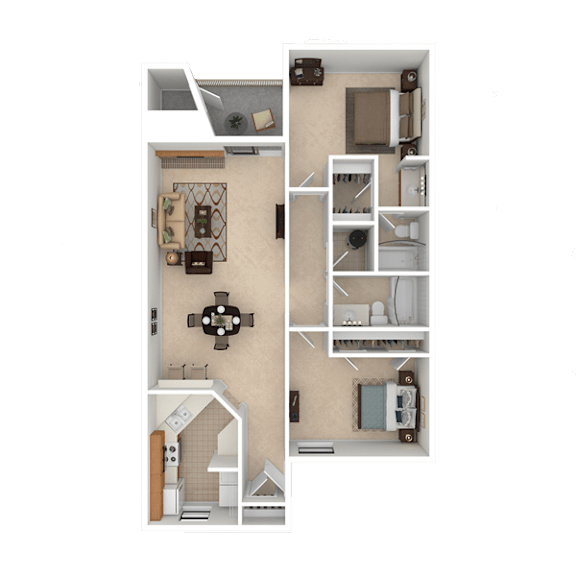 A detailed 3D floor plan of a small apartment layout.