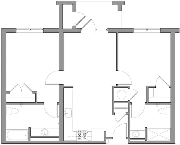 A floor plan of a house with a kitchen, living room, and two bedrooms.