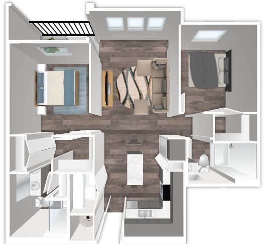 A 3D floor plan of a house with a kitchen, living room, and bathroom.
