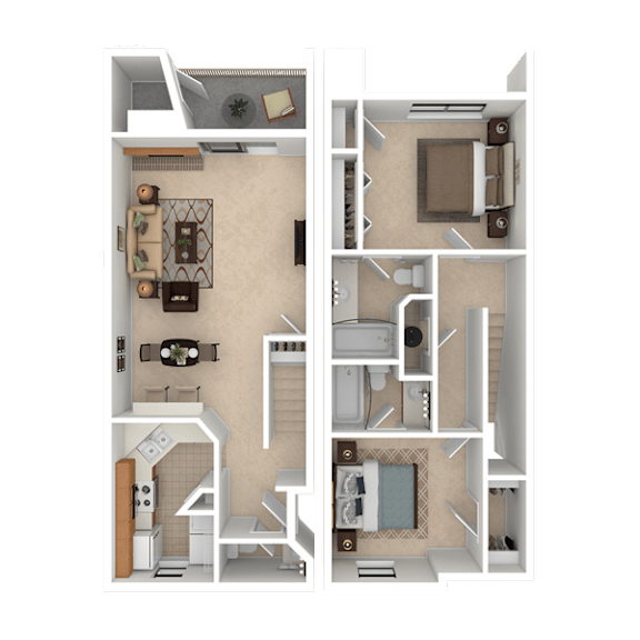 A detailed 3D floor plan of a small apartment.