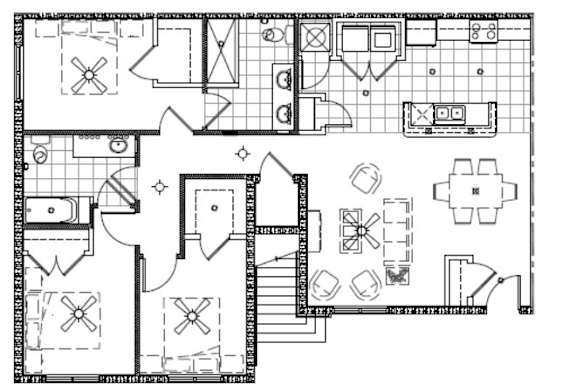 A floor plan of a house with various rooms and spaces outlined.