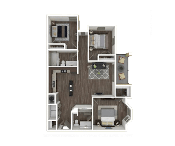 A 3D rendered image of a house layout with a kitchen, living room, and two bedrooms.