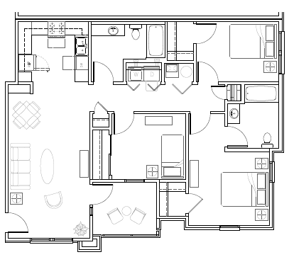 A black and white floor plan of a house with multiple rooms.