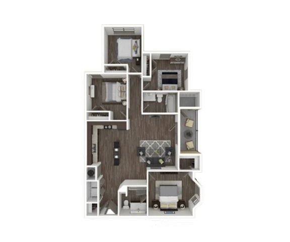 A 3D floor plan of a house with multiple rooms and furniture.