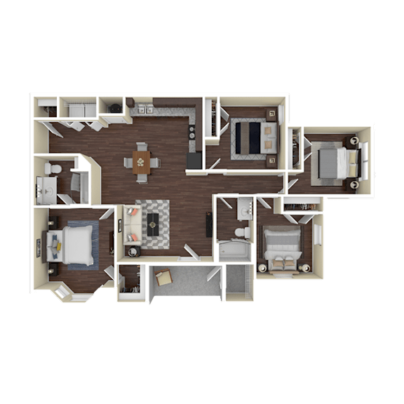 A 3D rendered image of a house layout.