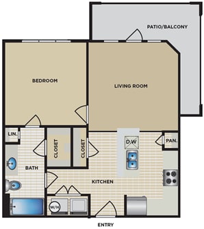 A floor plan of a house with a bedroom, living room, kitchen, and bathroom.