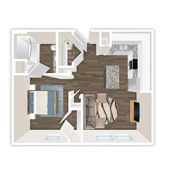 A top down view of a living room with a couch, chair, and coffee table.