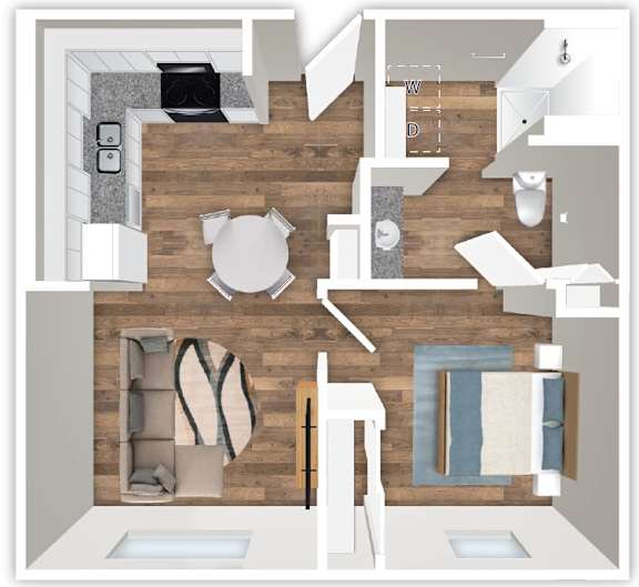 A floor plan of a house with a kitchen, living room, and bathroom.
