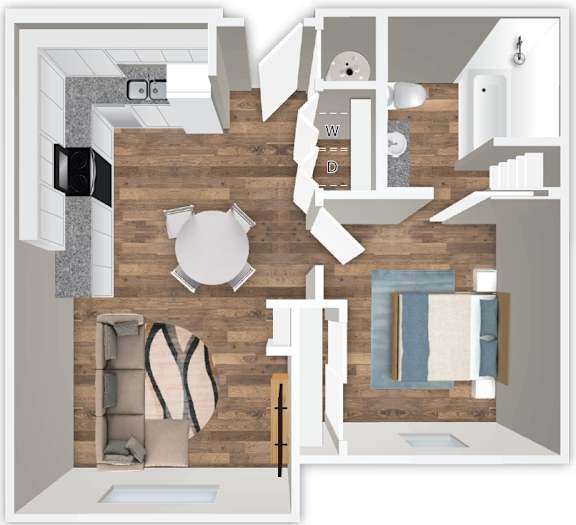 A floor plan of a house with a kitchen, living room, and bathroom.