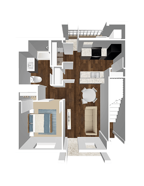 A 3D rendered image of a house layout.
