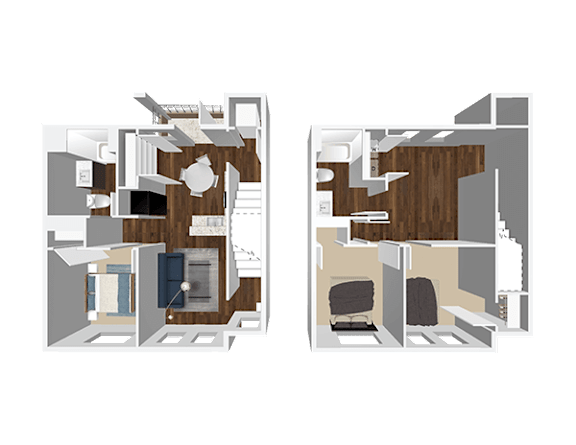 Two floor plans of a house with a kitchen, living room, and bedrooms.