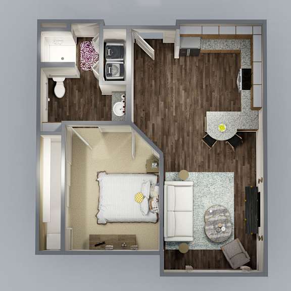 A top down view of a small apartment with a bedroom, living room, and kitchen.