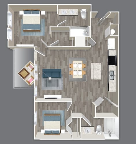 A floor plan of a house with a kitchen, living room, and two bedrooms.