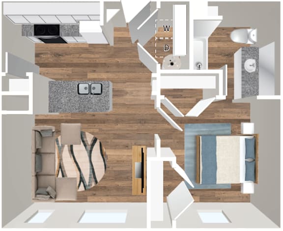 A top-down view of a living room with a couch, chair, coffee table, and a fireplace.