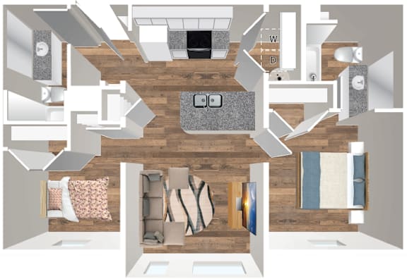 A top down view of a living room with a couch, a chair, a coffee table, and a rug.