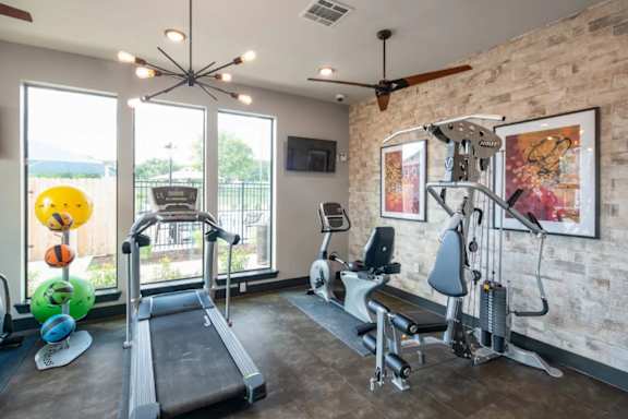 A gym with a treadmill, weights, and exercise equipment.