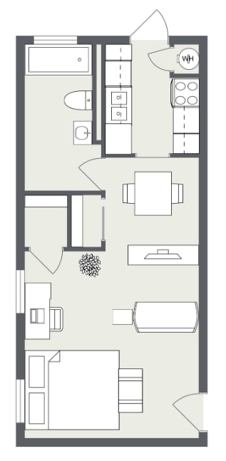 A floor plan of a house with a living room, kitchen, and two bedrooms.