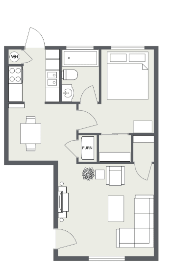 A floor plan of a house with a living room, kitchen, and bathroom.