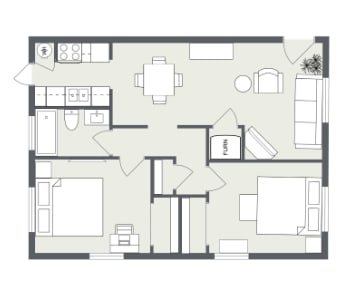 A floor plan of a house with a kitchen, living room, and dining area.