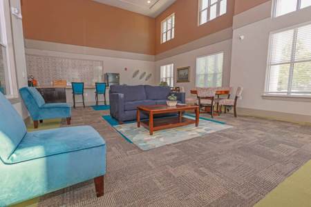 A living room with a blue couch and a grey rug.
