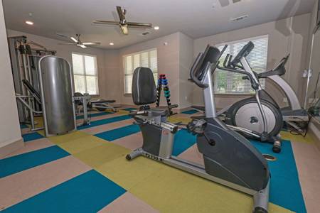 A room with a treadmill and exercise equipment.