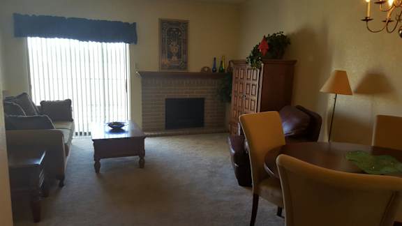 A living room with a fireplace and a couch.
