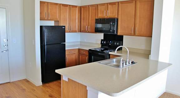 A kitchen with black appliances and wooden cabinets.