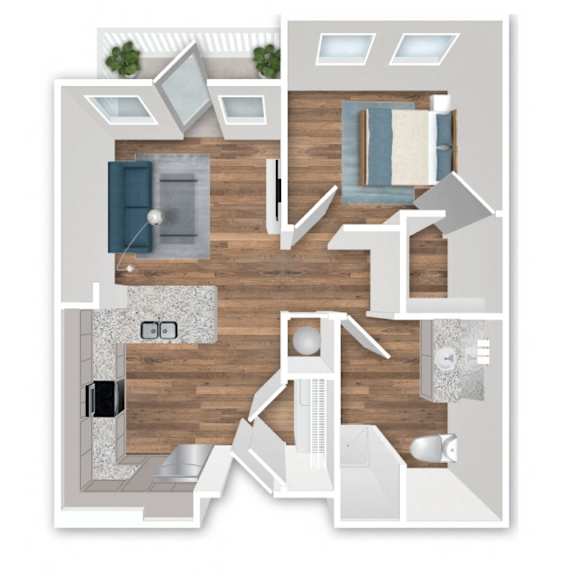 A top-down view of a house layout with a kitchen, living room, and bathroom.