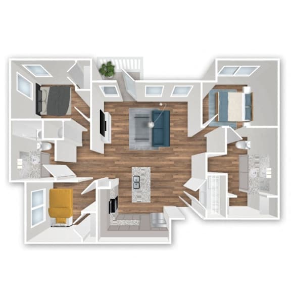 A floor plan of a house with a kitchen, living room, and two bedrooms.