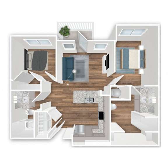 A top-down view of a house layout with a kitchen, living room, and bedrooms.
