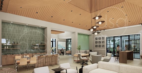 A modern dining room with wooden ceiling and furniture.