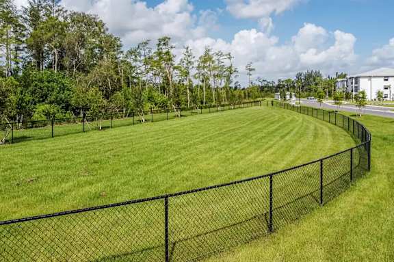 A black fence surrounds a green field.