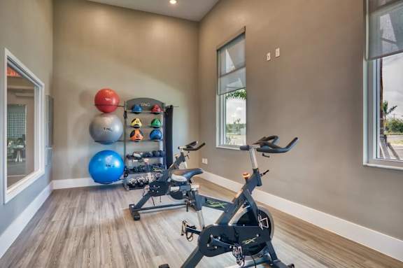 A home gym with exercise equipment and a mirror.