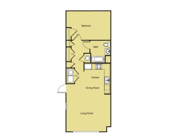 A floor plan of a house with a bedroom, bathroom, kitchen, dining room, and living room.