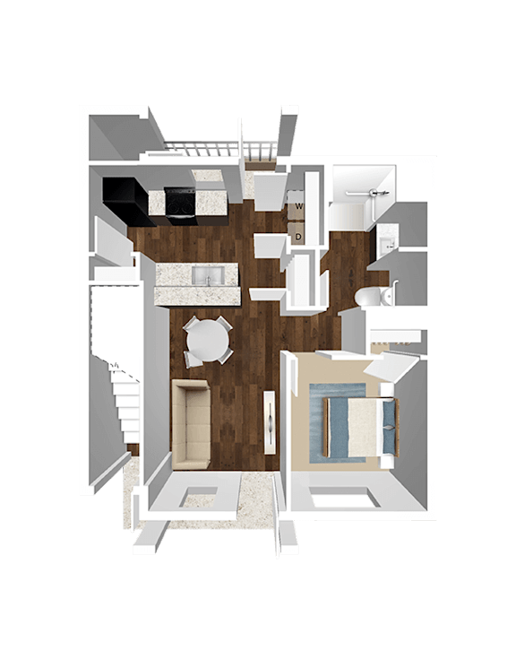 A 3D floor plan of a house with a kitchen, living room, and bedrooms.