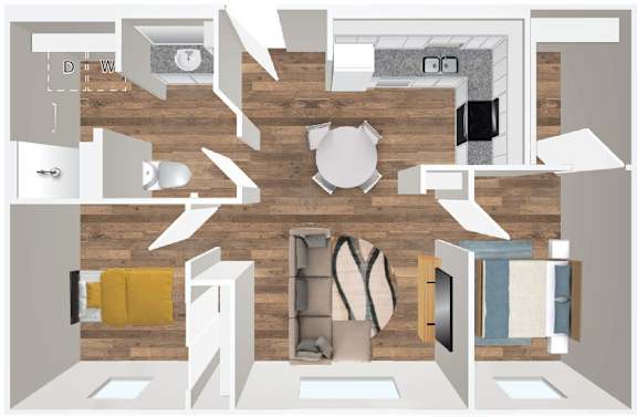 A floor plan of a house with a kitchen, living room, and bathroom.