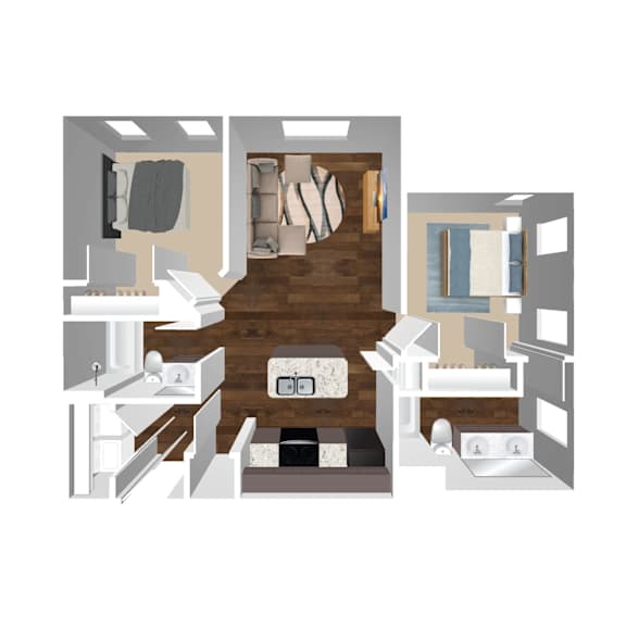A floor plan of a house with a kitchen, living room, and bedrooms.