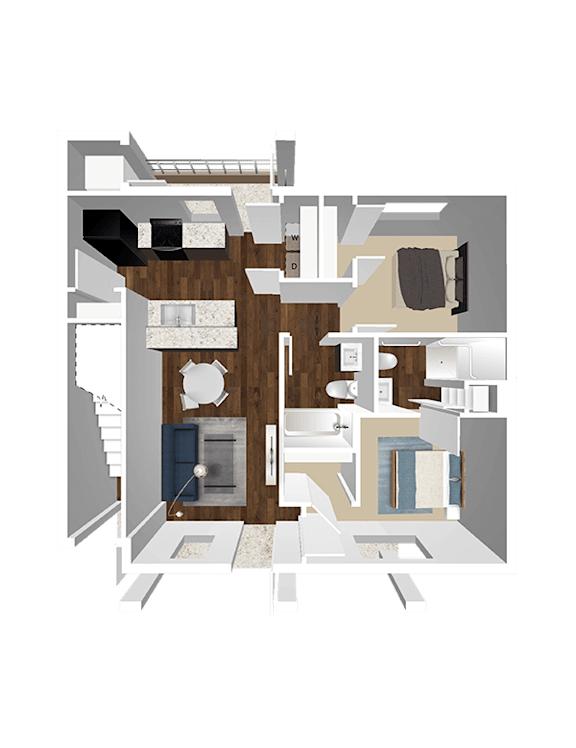 A 3D rendered image of a house layout.