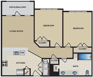 A floor plan of a house with a living room, two bedrooms, a kitchen, a bath, and a closet.