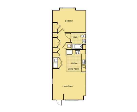 A floor plan of a house with a bedroom, bathroom, kitchen, dining room, and living room.