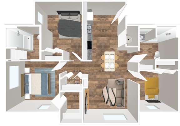A 3D floor plan of a small apartment with a bedroom, living room, and kitchen.