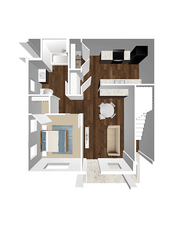 A 3D floor plan of a house with a kitchen, living room, and bathroom.
