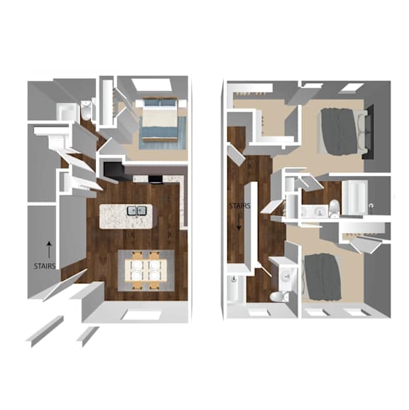A floor plan of a two-story home with stairs on both the left and right sides.