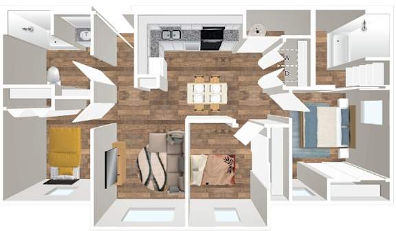 A floor plan of a house with a kitchen, living room, and bathroom.