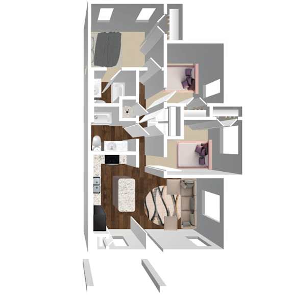A floor plan of a house with a kitchen, living room, and bathroom.