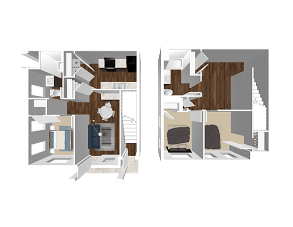 Two floor plans of a house with a kitchen, living room, bedrooms and bathrooms.