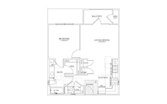 A floor plan of a house with a balcony, bedroom, living/dining area, bathroom, kitchen, and entry.