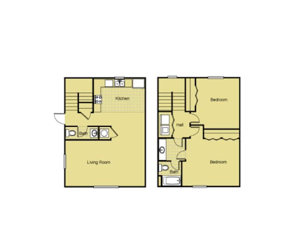 Two floor plans of a house with a living room and kitchen on the left, and two bedrooms and a hall on the right.