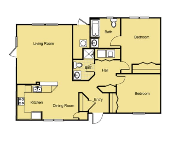 A floor plan of a house with a living room, dining room, kitchen, two bedrooms, a hall and a bathroom.