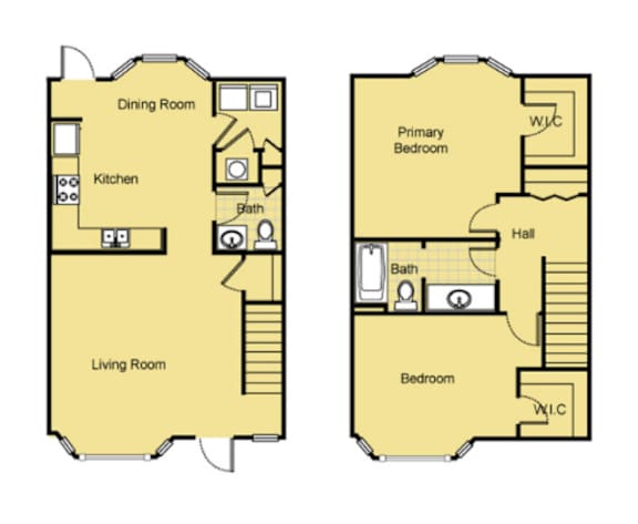A floor plan of a two-bedroom apartment with a living room, dining room, kitchen, and bathroom.